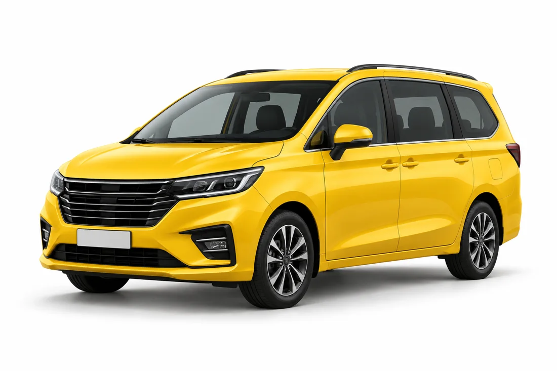 Illustrative yellow seven-seat taxi; actual vehicle confirmed on booking